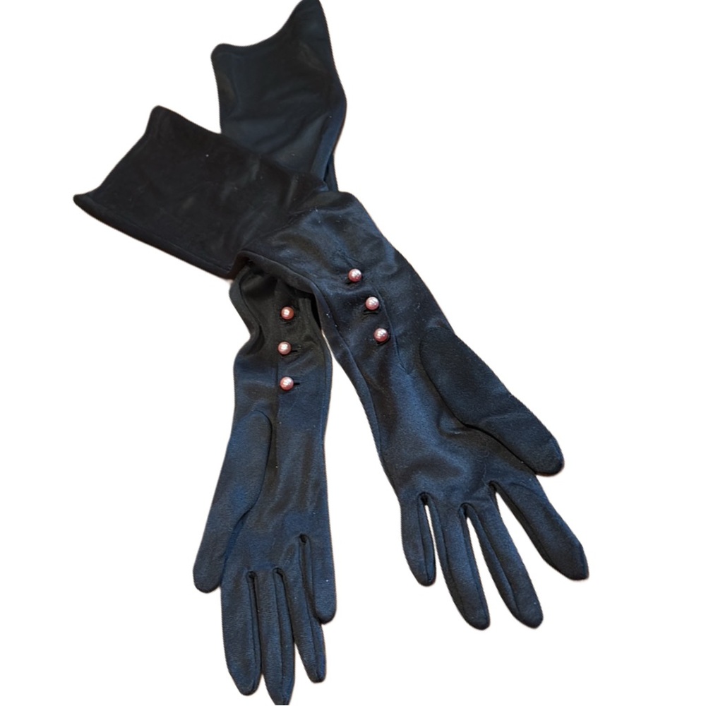 Elegant long Black Opera Gloves vintage 50s pink pearl buttons sz 6 - 7